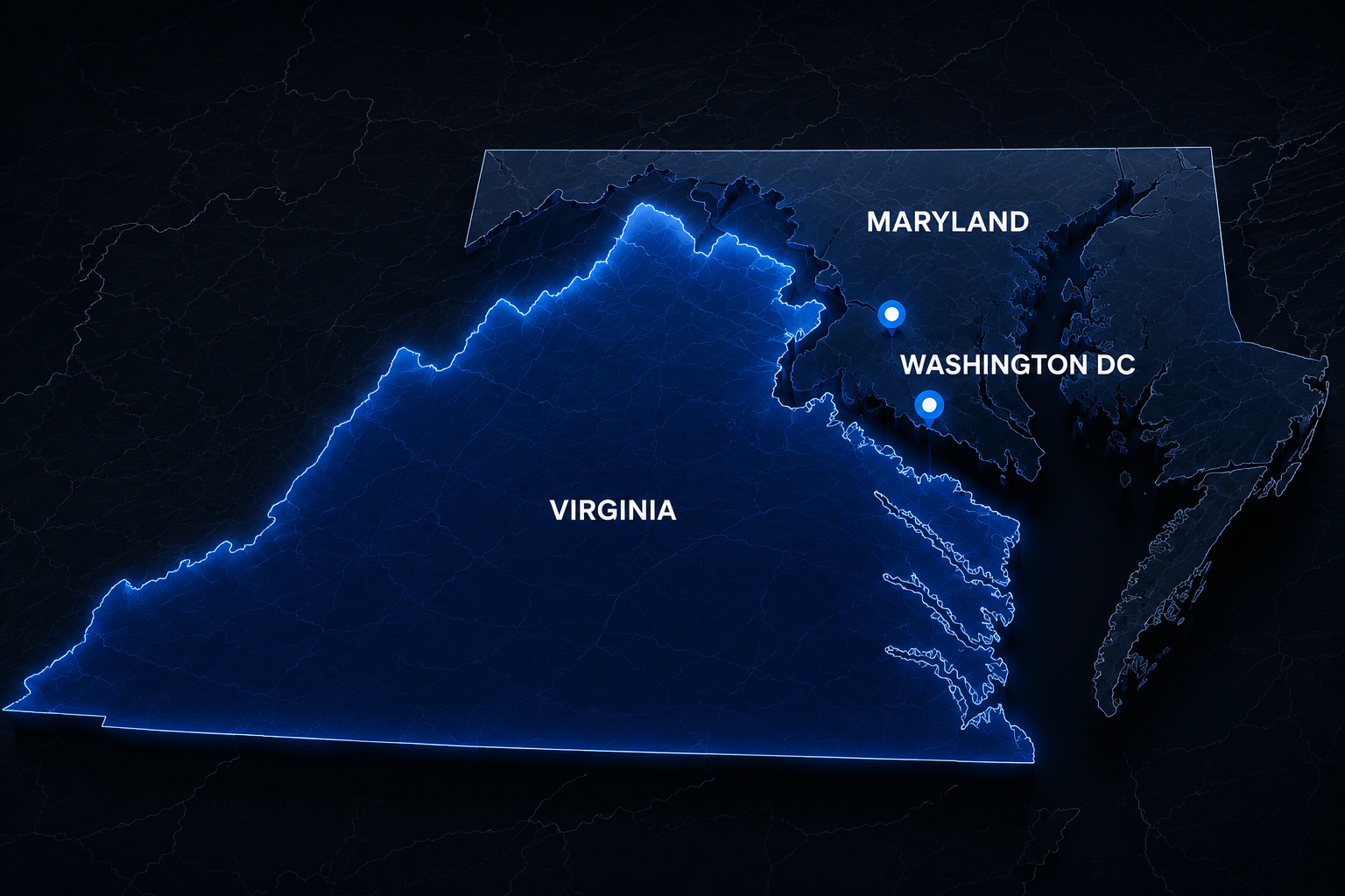 GlassfinityUSA coverage map highlighting Virginia, Maryland, and Washington DC